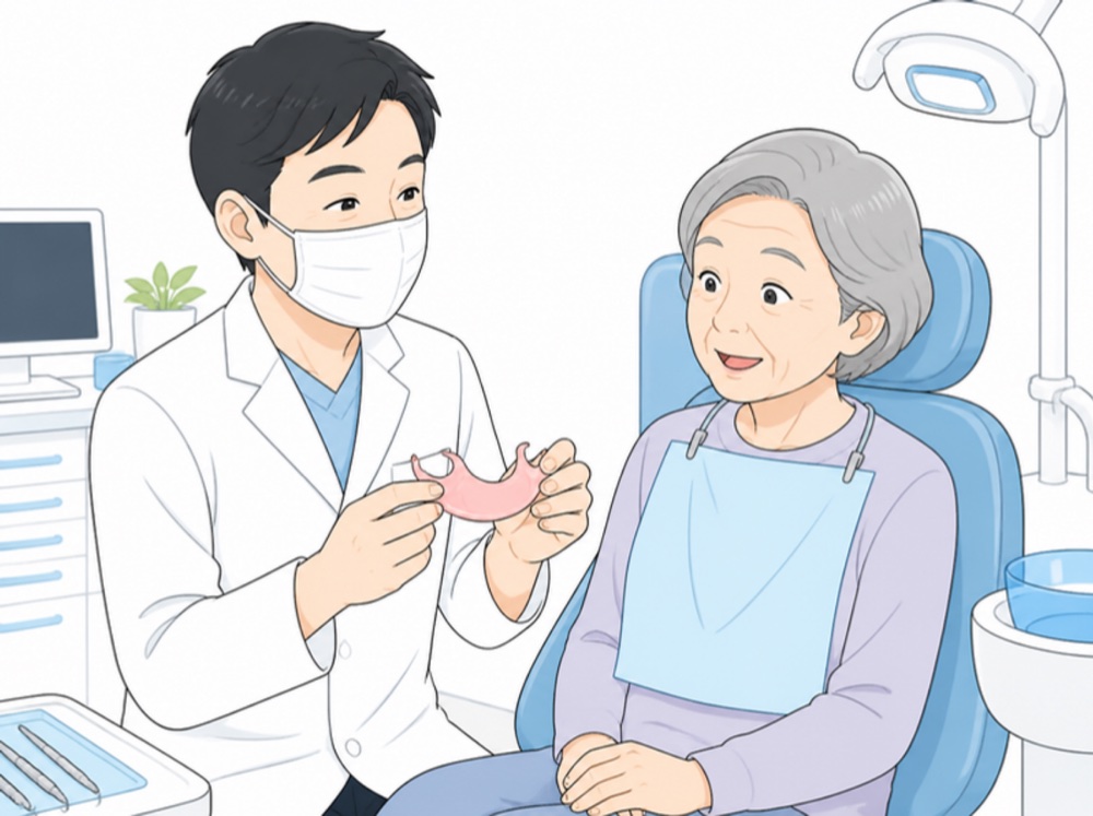 診療室で、歯科医師が体験プレートを患者さんに見せている様子