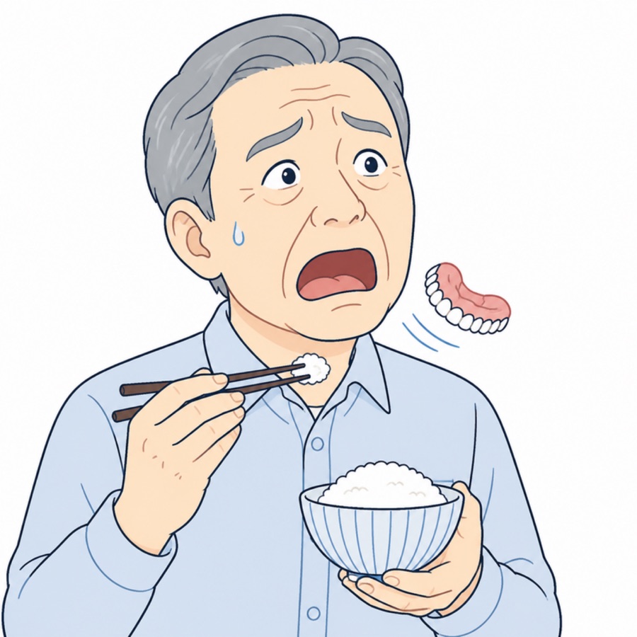 食事中に入れ歯が外れそうになる様子
